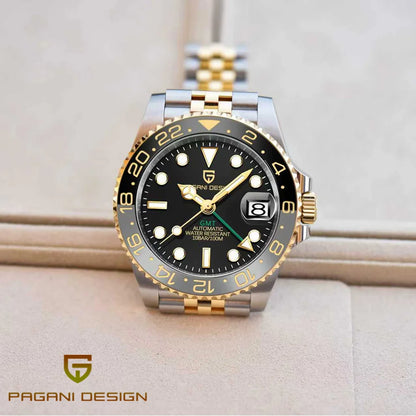 Pagani Design GMT Mechanical Men’s Watch – Luxury model with sapphire crystal, stainless steel case and ceramic bezel – Automatic men’s watch, business style