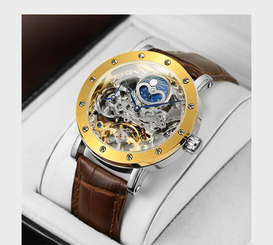 SKROX automatic mechanical wristwatch for men, skeletonised model with GMT function, moon phase and tourbillon – A high-end, elegant and original luxury watch.