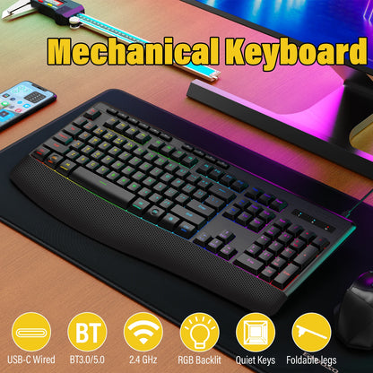 E-YOOSO Triple-Mode Mechanical Keyboard 2.4GHz/Bluetooth 5.0/USB-C RGB Backlit Quiet Keys Spill-Proof Long Standby for PC/Laptop