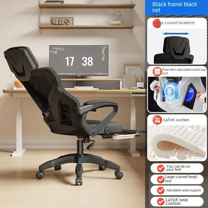 Ergonomisk lænesæde, komfortabel kontorstol, computerstol til hjemmet, studiekollegie, gamingstol med fodstøtte