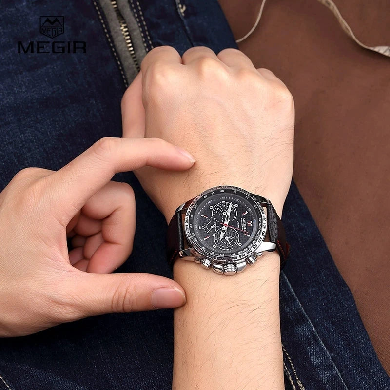 Orologio da polso analogico al quarzo da uomo MEGIR – Orologio di lusso impermeabile con cinturino in pelle, stile casual, modello 1010 (nero)