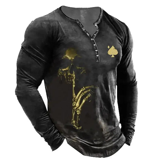 Autumn Skull Henley Shirt 3D Print Streetwear Men's Fashion Vintage Long Sleeve Button T Shirt Men's T Shirt Tops Clothing