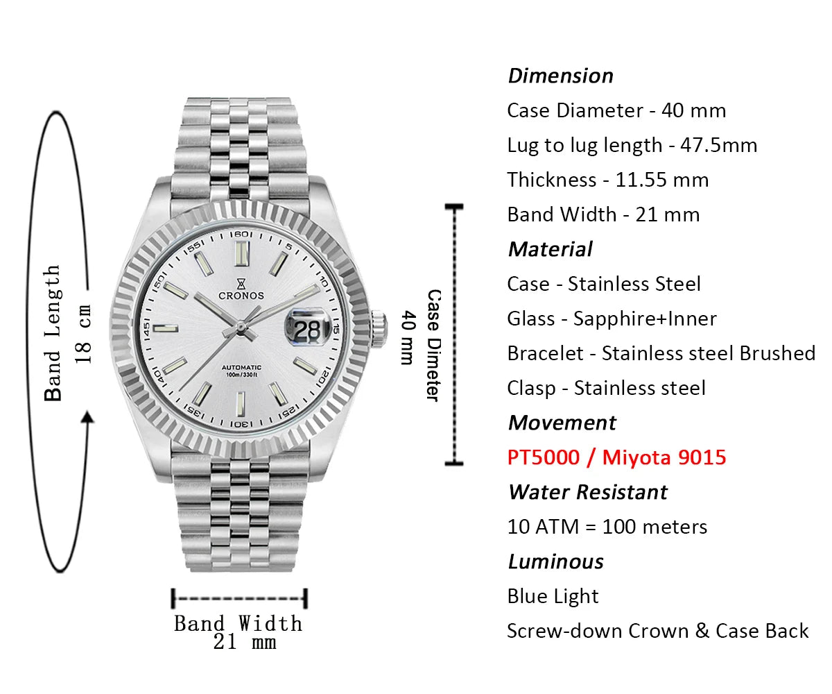 Cronos DateJ Luxury Men Watch Stainless Steel 5 Links Bracelet PT5000 Miyota 9015 100m Water Resistant Sapphire L6046M