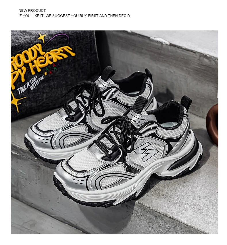 Unisex Trendy Chunky Dad Sneakers Silver Black Retro Couple Breathable Mesh Casual Platform Shoes