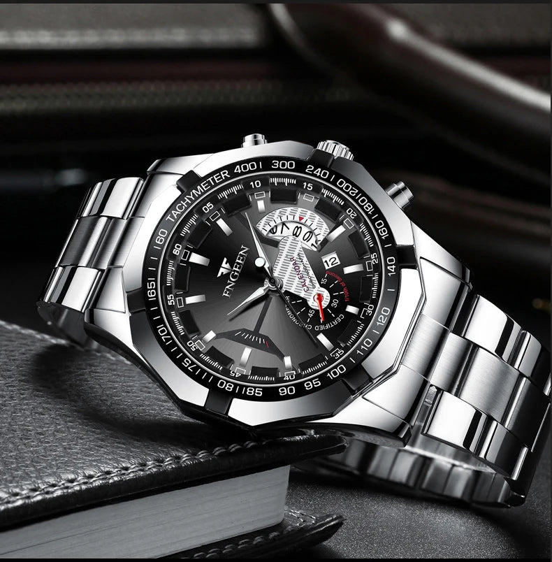 Orologio da polso al quarzo di lusso BINBOND da uomo, luminescente, impermeabile, con datario automatico, in acciaio inossidabile