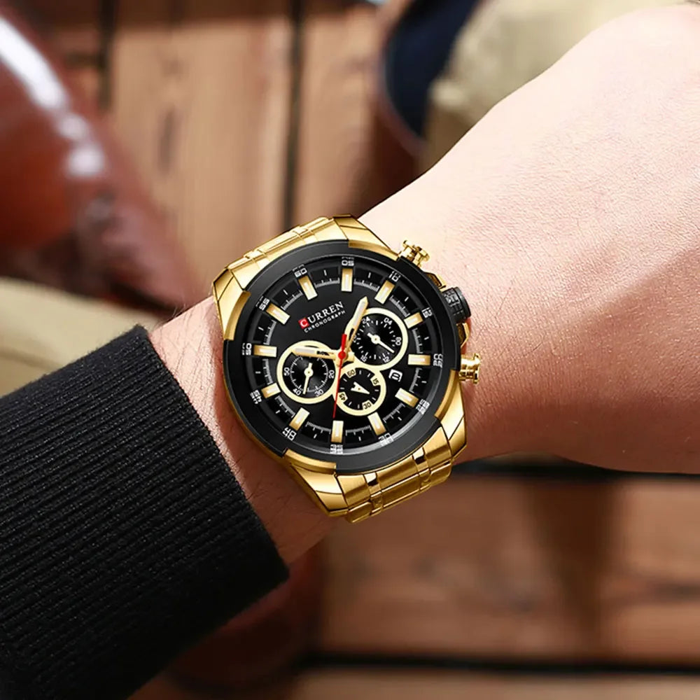 CURREN men’s chronograph watch, large 48 mm dial, stainless steel bracelet, three sub-dials, quartz sports wristwatch, luxurious style