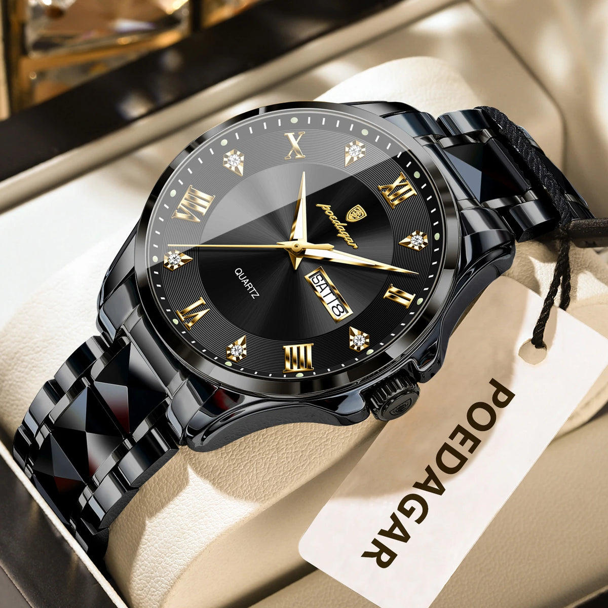Montre pour homme POEDAGAR, modèle de luxe original, étanche, lumineuse, avec affichage de la date et du jour, style élégant, boîtier en acier inoxydable, mouvement à quartz, idéale pour le travail.