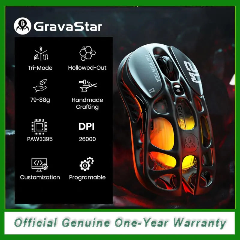 Rato Gaming Sem Fios GravaStar Mercury M2, Design Leve Alveolado, 5 Níveis de DPI Programáveis, 26,000 DPI, Sensor PAW3395DM