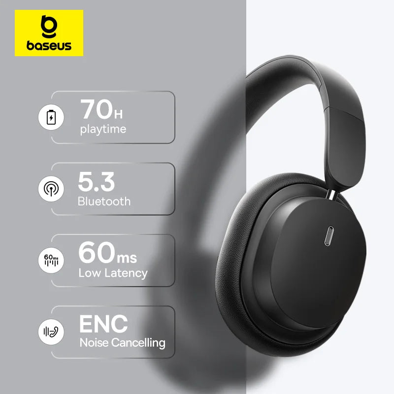 Baseus kabellose Bluetooth 5.3 Over-Ear-Kopfhörer – HiFi-40mm-Treiber, faltbares Headset mit 70H Wiedergabezeit und Spatial Audio