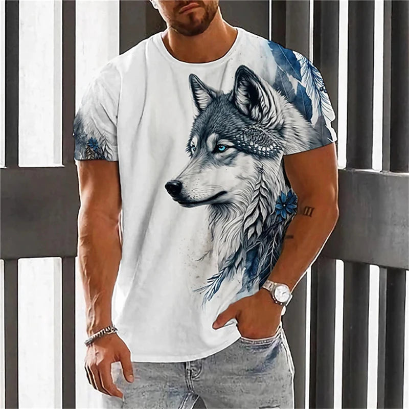 New Fashionable Men's Round-neck Short-sleeved T-shirt 3D Printed Wolf T-shirt Men's Casual Sports Short-sleeved Street Top