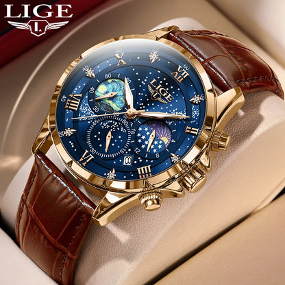 Montre pour homme LIGE – Montre à quartz de luxe, style décontracté, bracelet en cuir, idéale pour le travail ou le sport, étanche, avec date et chronographe.