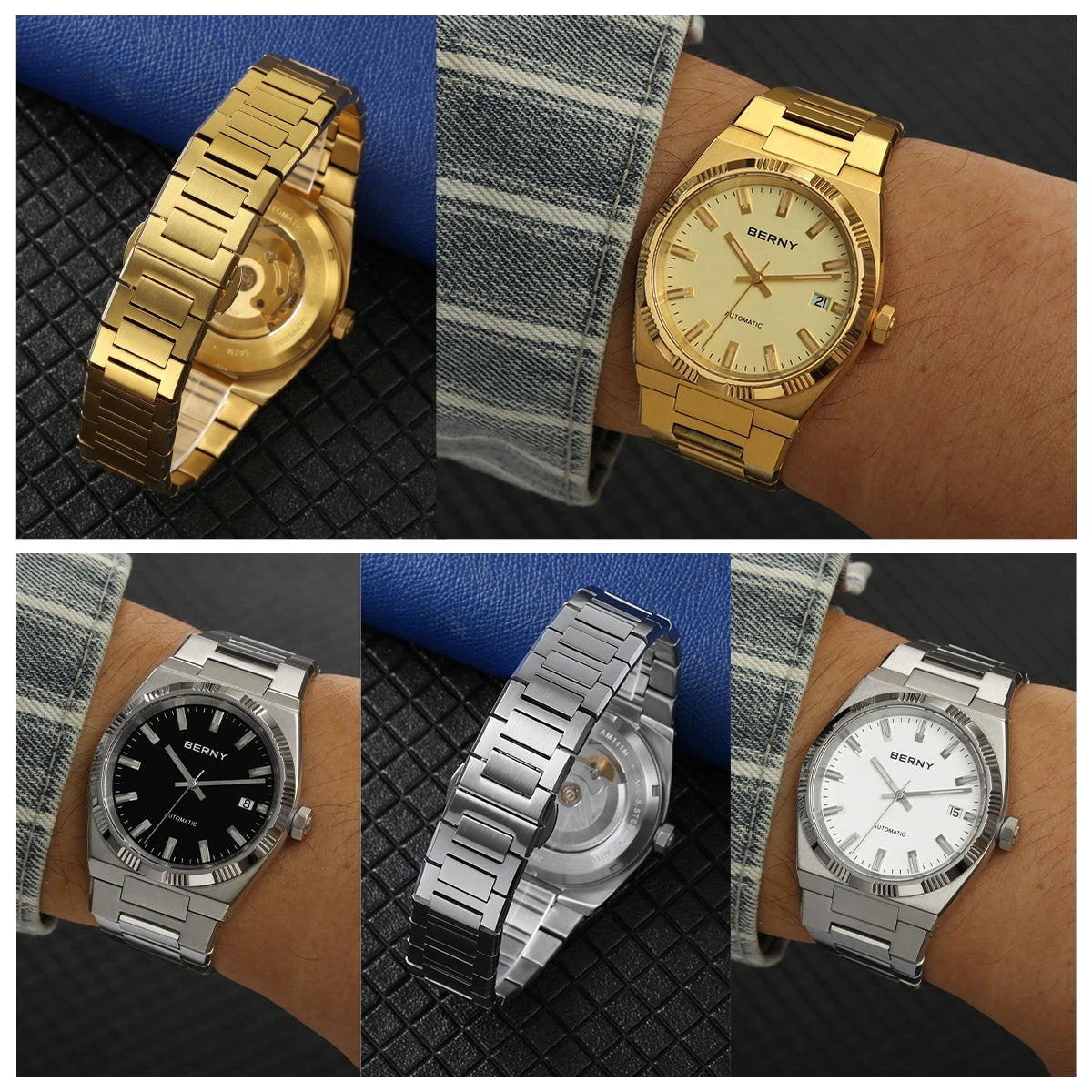 BERNY men’s automatic watch, gold-coloured, sapphire crystal, luminescent hands, 100% genuine, fitted with a PT5000 movement, anti-reflective coating, luxury model with interchangeable bezel, water-resistant to 5 ATM.