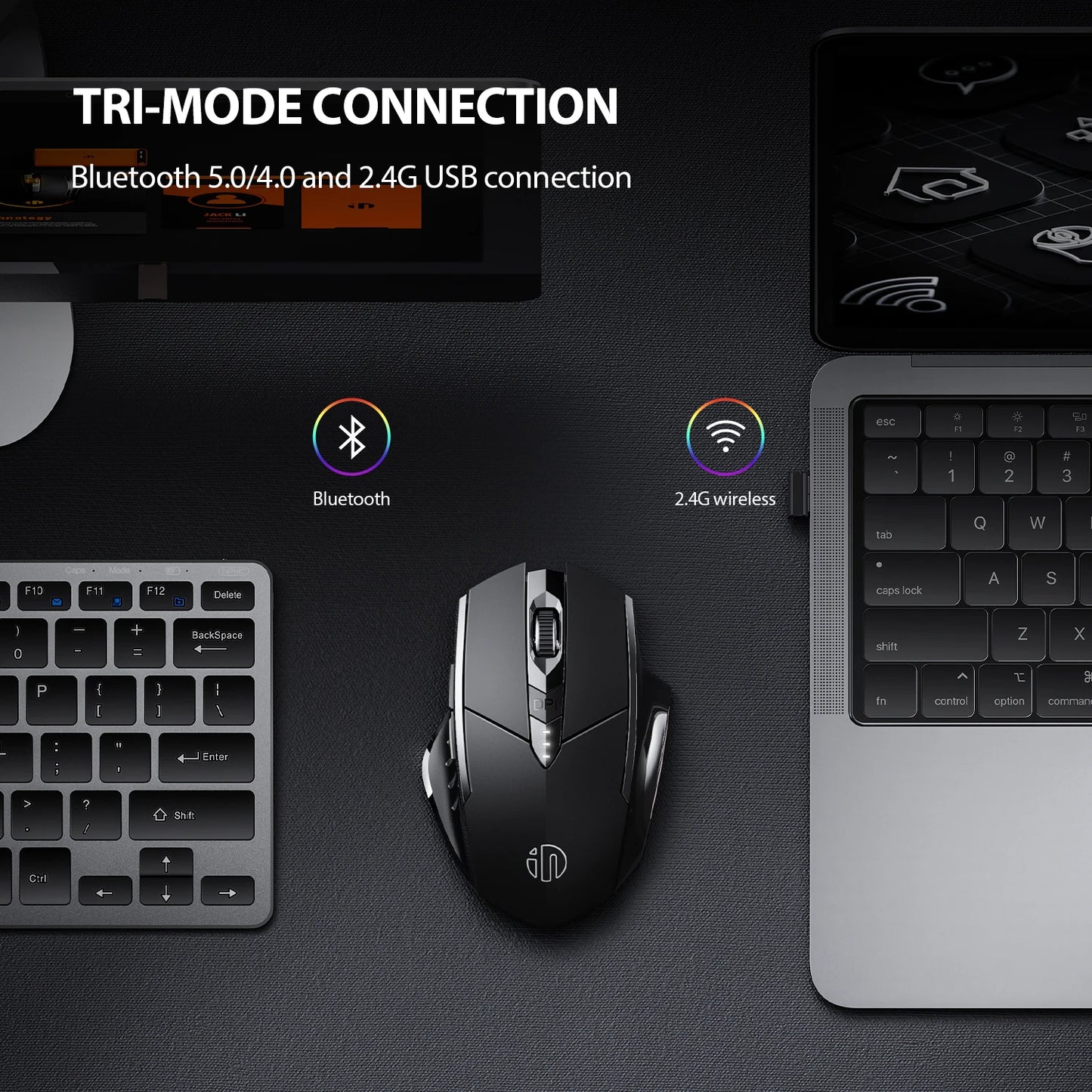 INPHIC A1 Bluetooth Mouse, Rechargeable 2.4G Tri-Mode Optical Mute Wireless Mouse, 1600 DPI for Mac, Laptop, PC, Tablet, Mobile Phone