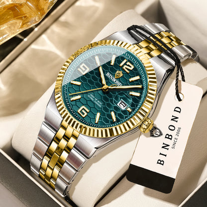 Reloj de pulsera de cuarzo de lujo BINBOND, luminiscente, resistente al agua, con fecha automática, para hombre, de acero, estilo ejecutivo, deportivo, moderno y desenfadado.