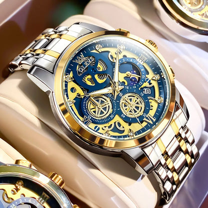 Montre pour homme OLEVS – Modèle de luxe, étanche, à quartz, style squelette, affichage 24 heures (jour/nuit), coloris doré