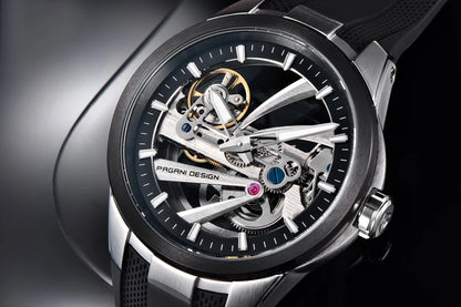 PAGANI DESIGN men’s watch – Luxury automatic mechanical model, ‘skeleton’ (open-heart) style, featuring a tourbillon, sapphire crystal with anti-reflective coating, water-resistant and luminescent.