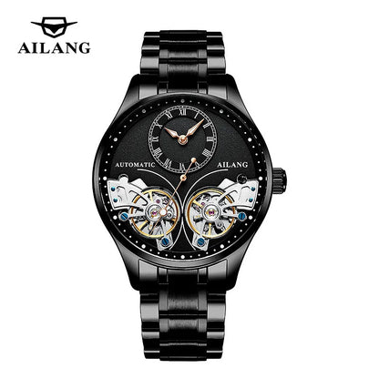 AILANG brandneue modische Double-Tourbillon-Uhr für Herren, Luxus-Edelstahl, wasserdicht, automatisch-mechanische Herrenuhr