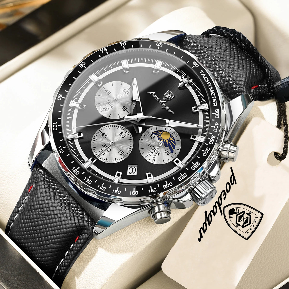 POEDAGAR luxury men’s watch: elegant and water-resistant, a quartz chronograph with date display, featuring a classic and luminous design.