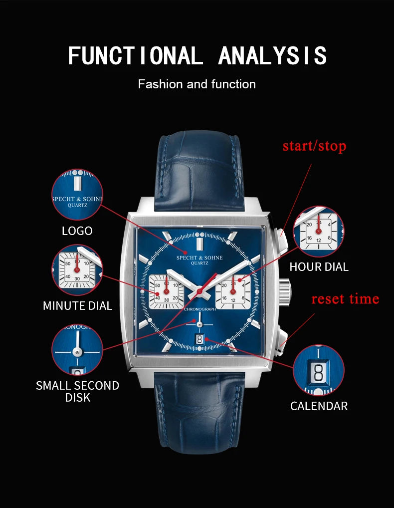 Specht&Sohne Men's Watch Luxury Brand Waterproof Stainless Steel Leather Japan VK Multifunctional Quartz Watch Religio Masculino