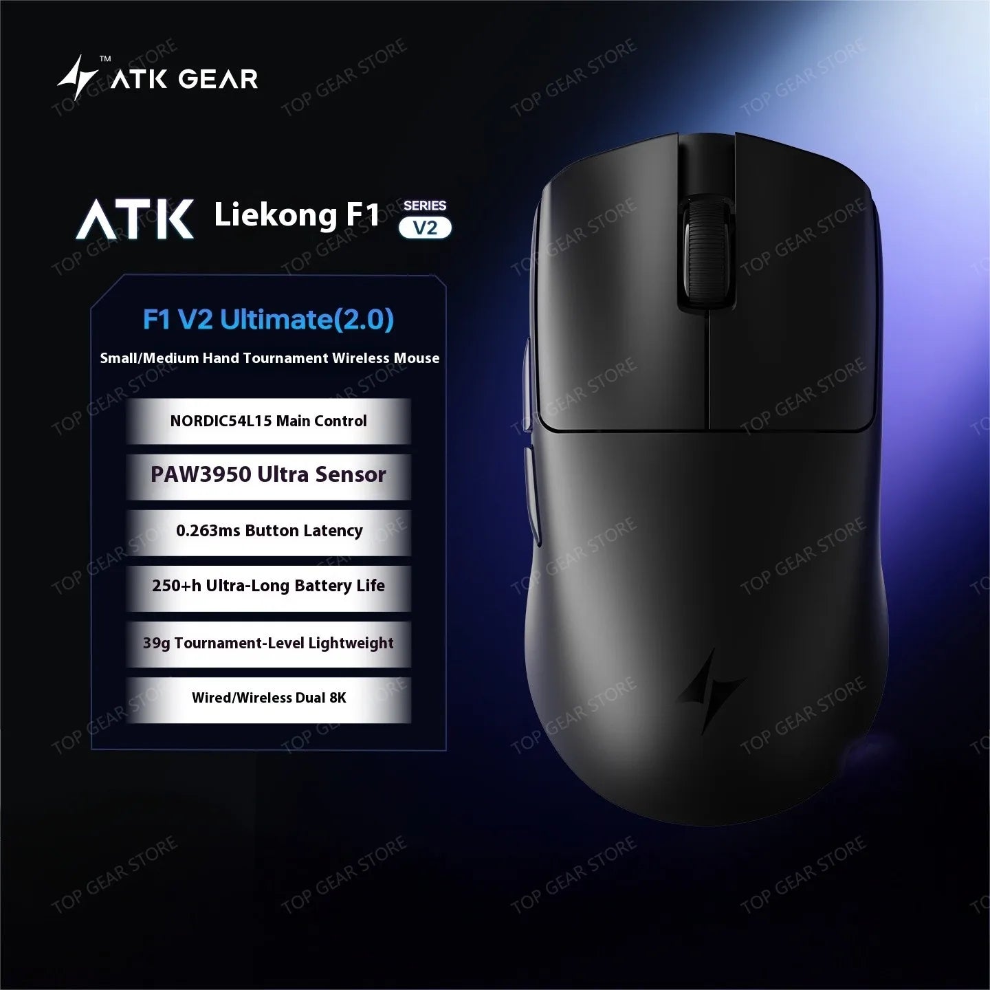 ATK F1 V2 Ultra MAX žaidimų pelė, belaidė, trijų režimų, PAW3950, dviguba 8k, lengva, ergonomiška e. sporto pelė, individualizuojamas PC priedas
