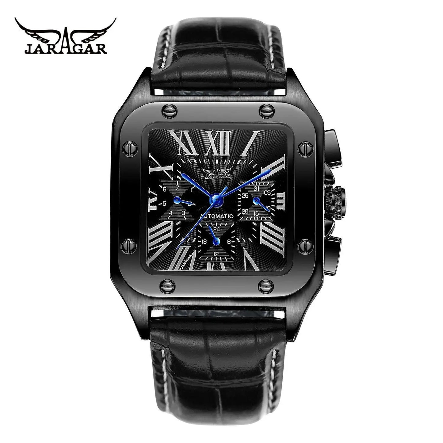 Fashion Jaragar Top Brand Men's Stylish Casual Skeleton Automatic Watch Multifunction Genuine Leather Strap Square Dial Business