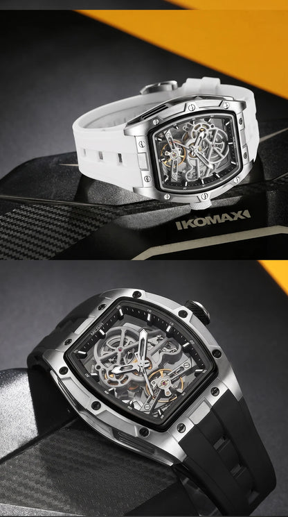 MEGIR mechanisch herenhorloge, tonvormig, opengewerkte skeletwijzerplaat, sportieve stijl, siliconen band, luxe automatisch horloge