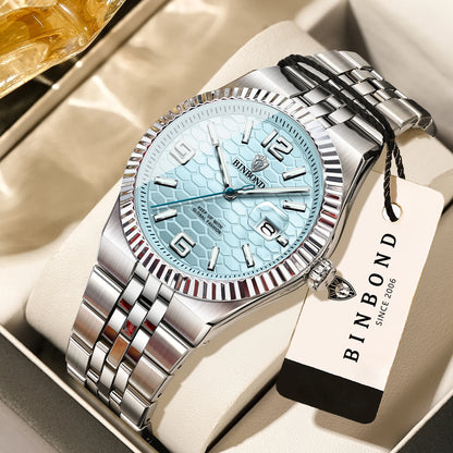 Reloj de pulsera de cuarzo de lujo BINBOND, luminiscente, resistente al agua, con fecha automática, para hombre, de acero, estilo ejecutivo, deportivo, moderno y desenfadado.