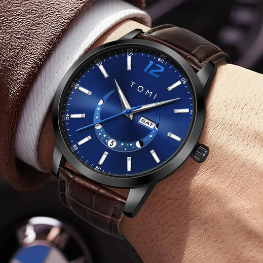 Orologio al quarzo TOMI, dallo stile elegante e professionale, con cinturino in pelle, cassa in lega e quadrante con lancette – Design di alta gamma, idea regalo per uomo