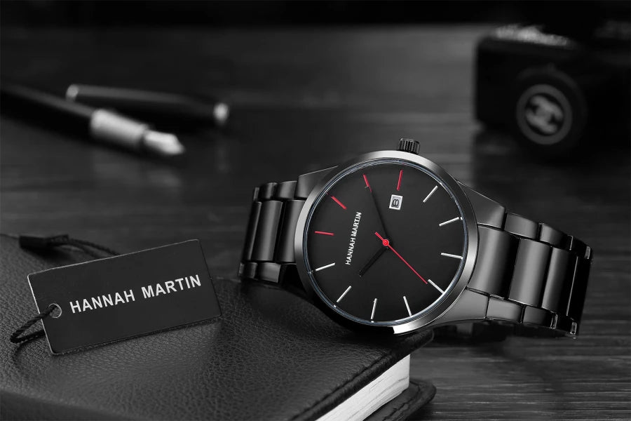 Hannah Martin herreur, rustfrit stålhus, kvartsurværk, urskive på 41 mm, professionelt design, med kalenderfunktion (imitation)