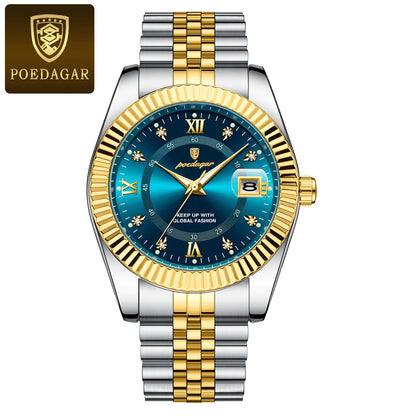 POEDAGAR men’s watch – Luxury model, water-resistant, stainless steel, with luminescent display, military style, date function, quartz movement, ideal for work or professional occasions.