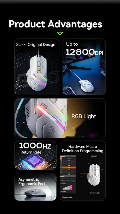 Ratón gaming con cable Inphic Pg1, iluminación RGB, programación de macros, 12800DPI, 6 botones, ratón para ordenador, tasa de sondeo de 1000hz