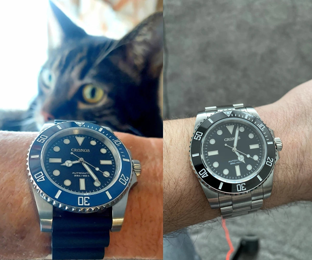 Cronos Sub Diver Men Watch No Date PT5000 Brushed Bracelet Ceramic Bezel 200 meters Water Resistant