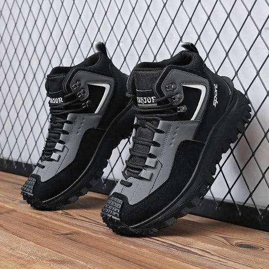 Black And Tan Mid Top Hiking Boots Suede And Leather Platform Sneakers Non Slip Outdoor Casual Shoes With Rugged Sole For All