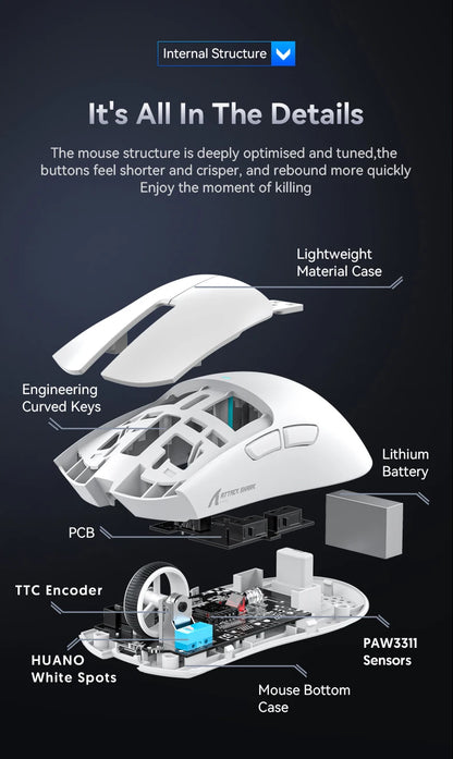 ATTACK SHARK X11SE trådløs gamingmus, tri-mode, 63g superlet med PAW3311-sensor, 22000 DPI, 300mAh batteri, dobbelt driver