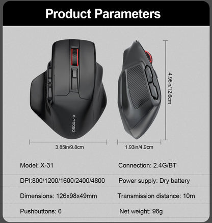 E-YOOSO X-31 Pro USB herní velká myš s podporou Bluetooth 2.4G, bezdrátová, PAW3212, 4800 DPI, pro hráče, počítač, notebook a PC