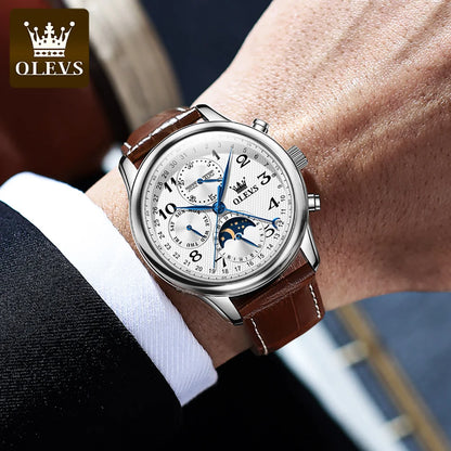 Montres pour hommes OLEVS 6667 avec phase de lune, 7 aiguilles, mécanisme automatique multifonction ; montre de luxe pour homme, idéale pour un style professionnel.
