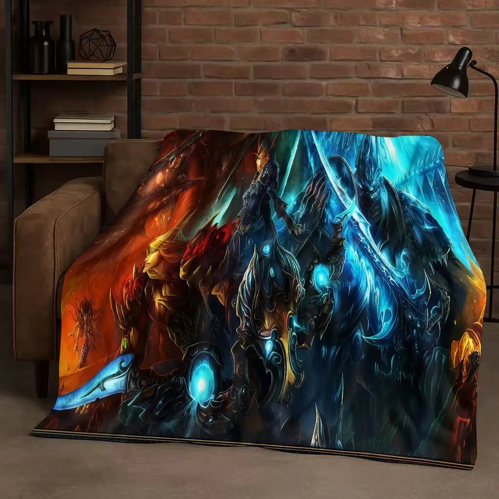 3D WOW World of Warcraft Game Demon Hunter Arthas Cartoon Flannel Blanket,Ultra Soft Plush Throw for Home Bedroom Bed Sofa Cover