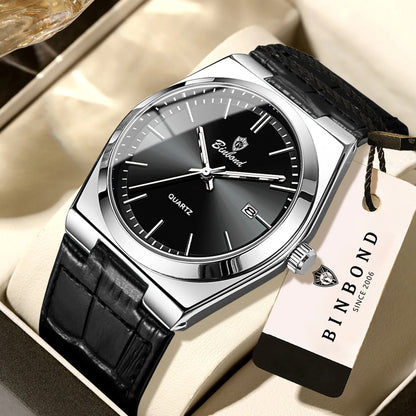 Orologio da polso al quarzo di lusso BINBOND da uomo – Impermeabile, luminescente, con data automatica – Stile professionale, sportivo, alla moda e casual – Cinturino in pelle