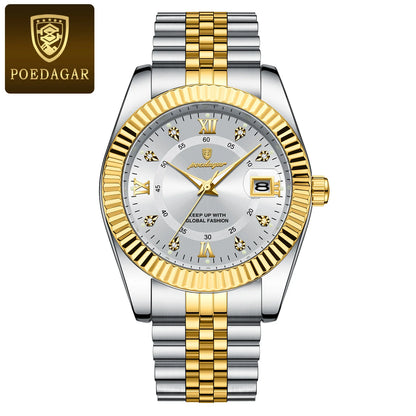 POEDAGAR men’s watch – Luxury model, water-resistant, stainless steel, with luminescent display, military style, date function, quartz movement, ideal for work or professional occasions.