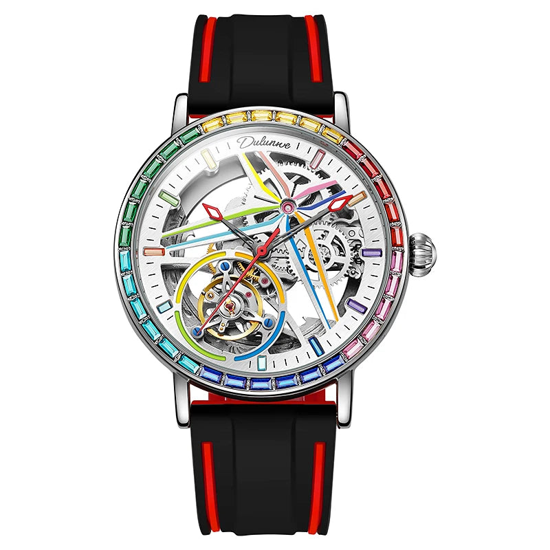 Montre squelette pour homme, style mode, ornée de pierres précieuses aux couleurs de l'arc-en-ciel, dotée d'un tourbillon; montre mécanique automatique de luxe, étanche jusqu'à 30 mètres.