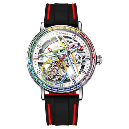 Montre squelette pour homme, style mode, ornée de pierres précieuses aux couleurs de l'arc-en-ciel, dotée d'un tourbillon; montre mécanique automatique de luxe, étanche jusqu'à 30 mètres.