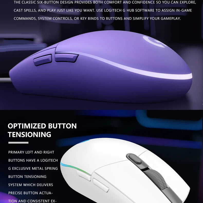 Przewodowa mysz gamingowa Logitech G203, klasy e-sportowej, 6 programowalnych przycisków i wielokolorowe podświetlenie do gier rywalizacyjnych