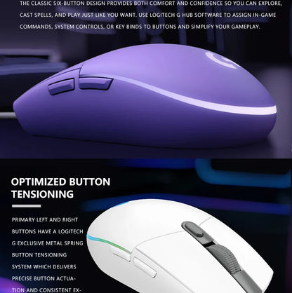 Przewodowa mysz gamingowa Logitech G203, klasy e-sportowej, 6 programowalnych przycisków i wielokolorowe podświetlenie do gier rywalizacyjnych