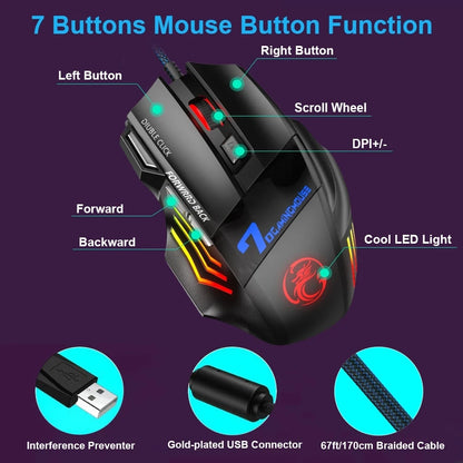 Ratón gaming con cable para ordenador, retroiluminación RGB, diseño ergonómico silencioso, LED, 7 botones y USB para PC de escritorio