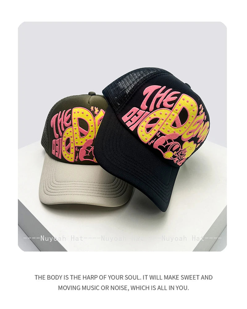 Șepci de baseball unisex interesante, cu litere imprimate 3D, cu parasolar, cu motive de desene animate, respirabile, cu blocuri de culori, șepci de camionagiu din plasă, versatile