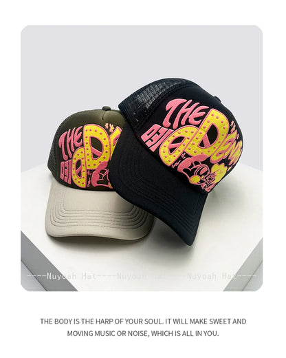 Șepci de baseball unisex interesante, cu litere imprimate 3D, cu parasolar, cu motive de desene animate, respirabile, cu blocuri de culori, șepci de camionagiu din plasă, versatile