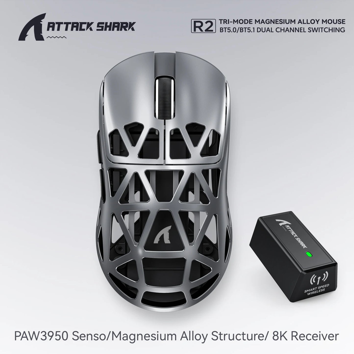 Attack Shark R2 Ασύρματο Gaming Mouse PAW3950 8K από ελαφρύ κράμα μαγνησίου, Bluetooth Tri-Mode για gaming/γραφείο
