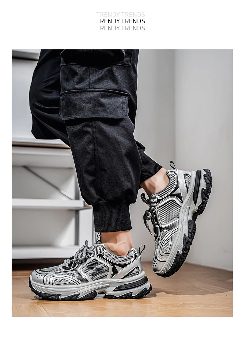 Unisex Trendy Chunky Dad Sneakers Silver Black Retro Couple Breathable Mesh Casual Platform Shoes