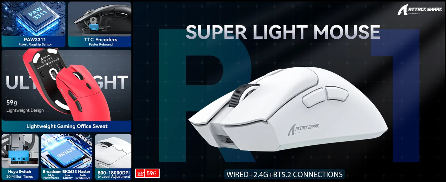 ATTACK SHARK R1 tri-mode gamingmus, PixArt PAW3311-sensor, 18000 DPI, 1000hz, 59g ultralet til store hænder, til PC/Mac