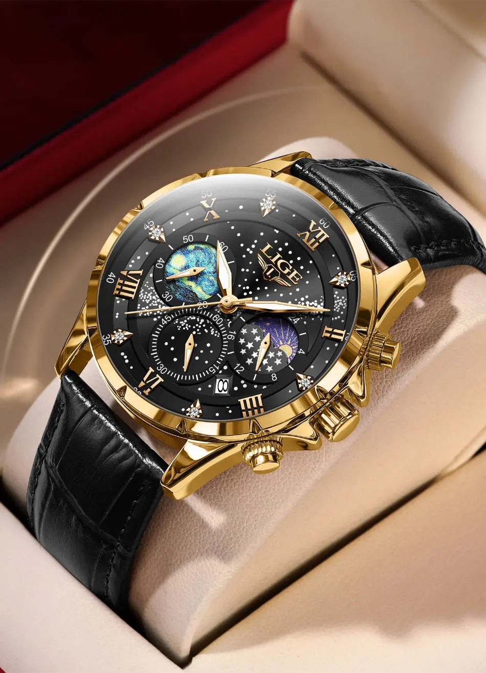 Montre pour homme LIGE – Montre à quartz de luxe, style décontracté, bracelet en cuir, idéale pour le travail ou le sport, étanche, avec date et chronographe.